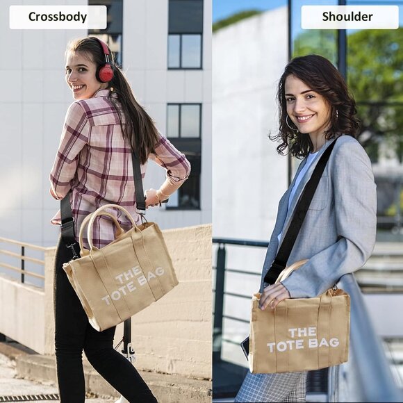 Women Khaki Personalized Canvas with Zipper Top-Handle Crossbody Tote Handbag - Picture 3 of 6